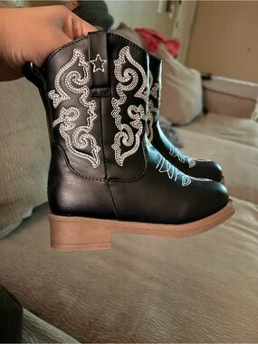 PAWZ Black Kids Cowboy Boots with White Stitching
